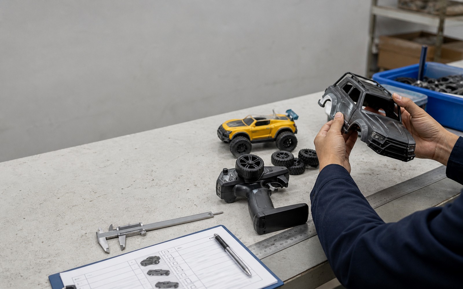 Hands checking an RC vehicle assembly at an inspection bench